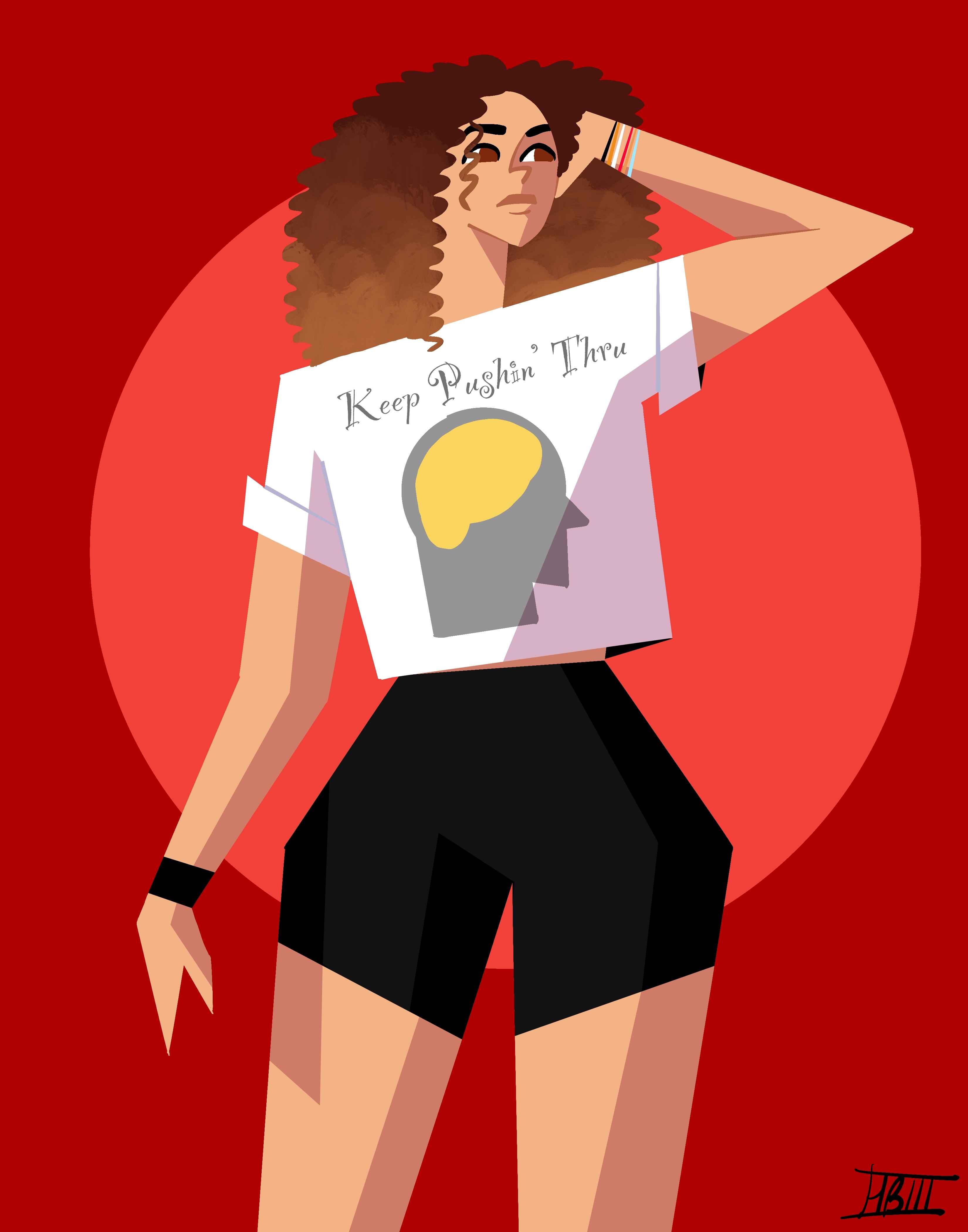 A young woman in a white tee and black shorts posing with one hand behind her head