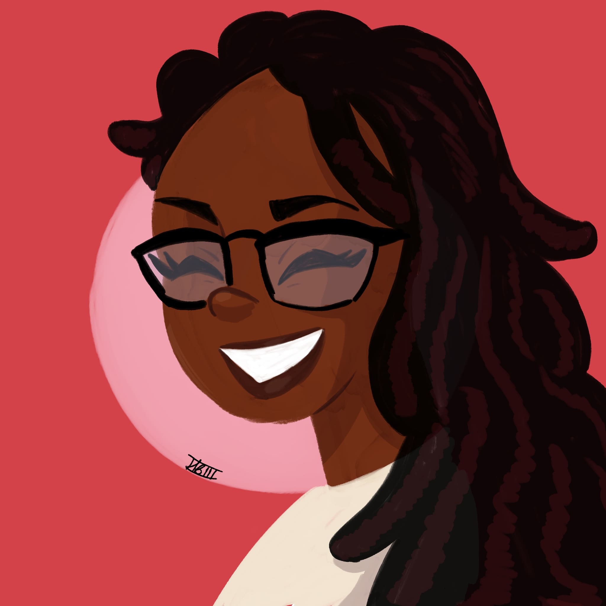 A portrait of a young black woman with locs smiling